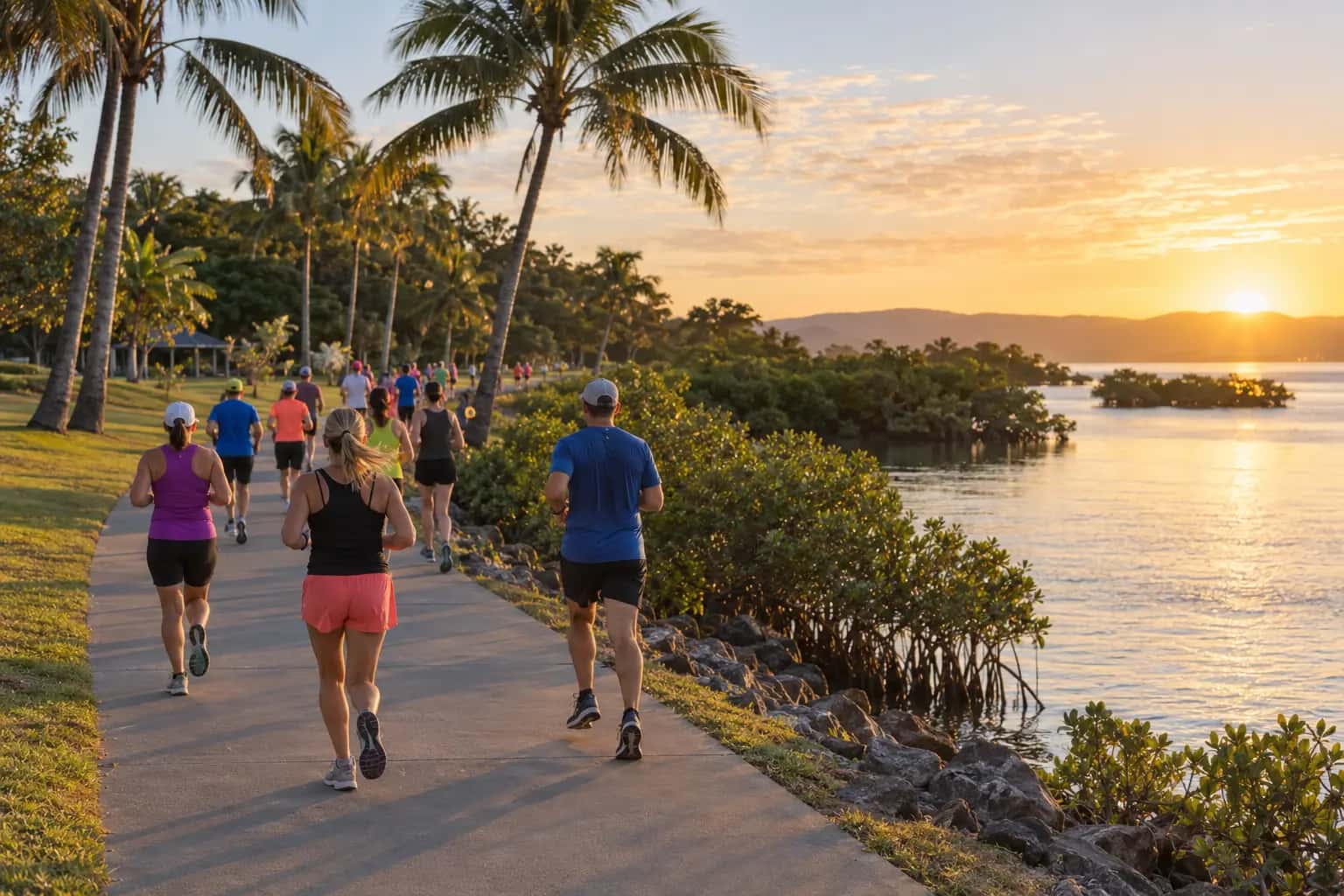 Runners on a waterfront path beside mangroves at sunrise