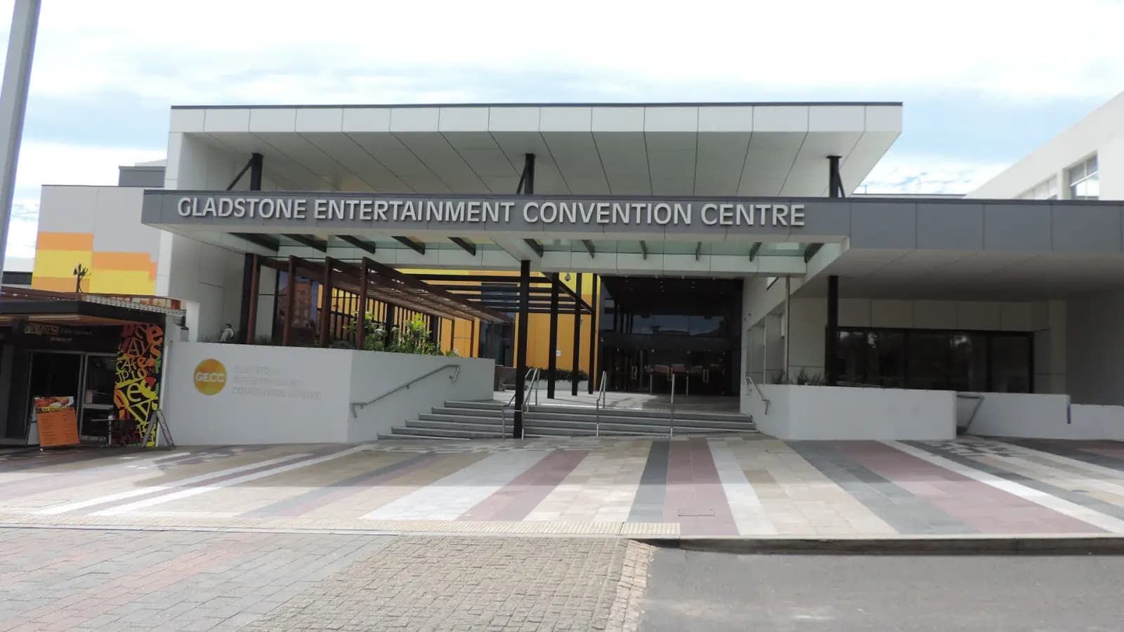 Front entrance of the Gladstone Entertainment Convention Centre on Goondoon Street
